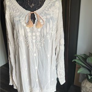 Johnny Was Cream Embellished Tunic with Tie Front